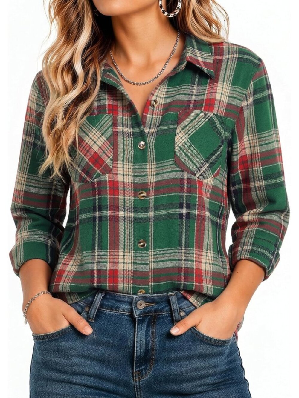 Women's Green Red Flannel Plaid Long Sleeve Button Down Imported Top Work Blouse